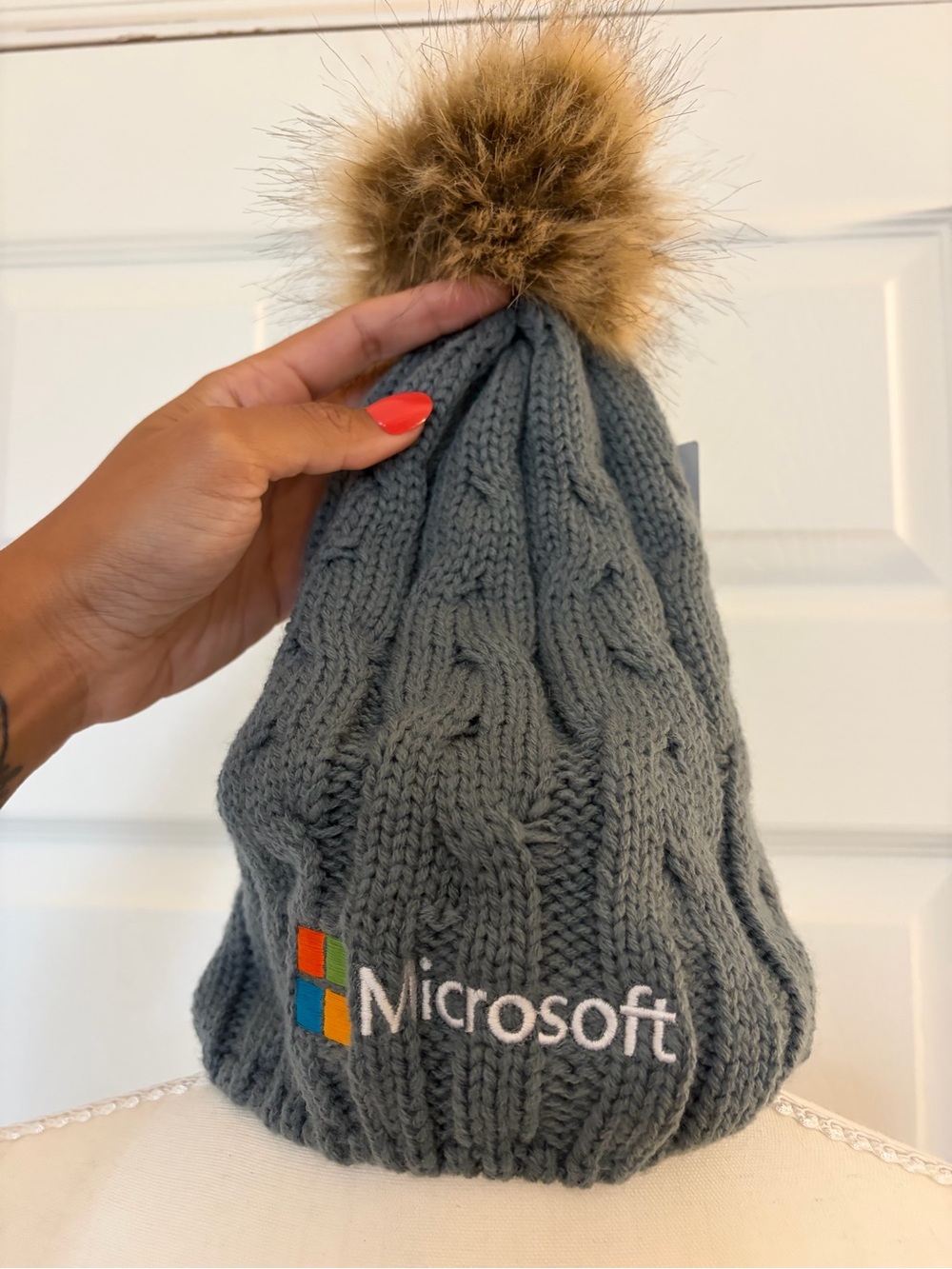 Microsoft Gray Cable Knit Beanie with Faux Fur Pom and Embroidered Logo